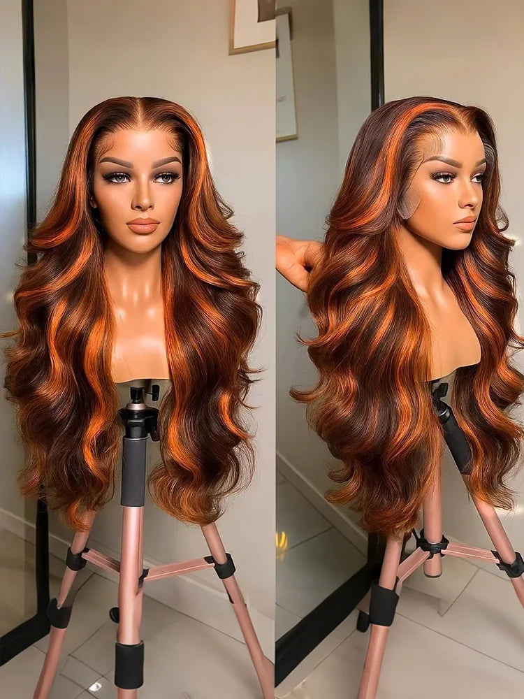Body Wave Highlighted Lace Front Ginger Orange Wigs 36in.