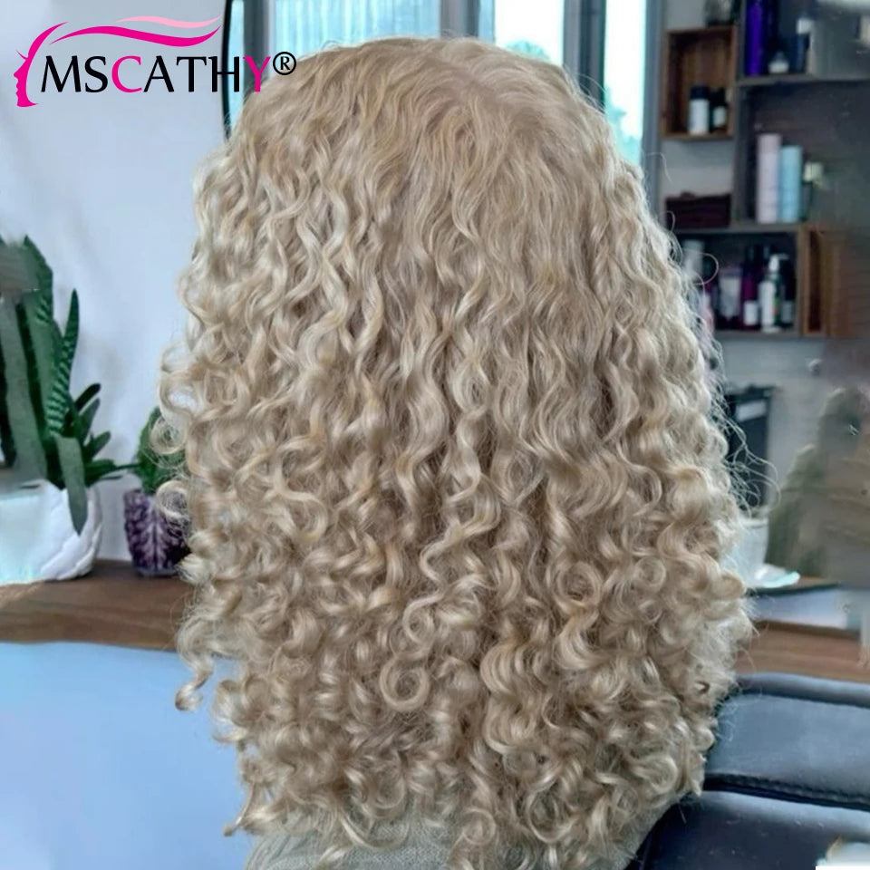 Glueless Ash Blonde Kinky Curly Human Hair Wigs