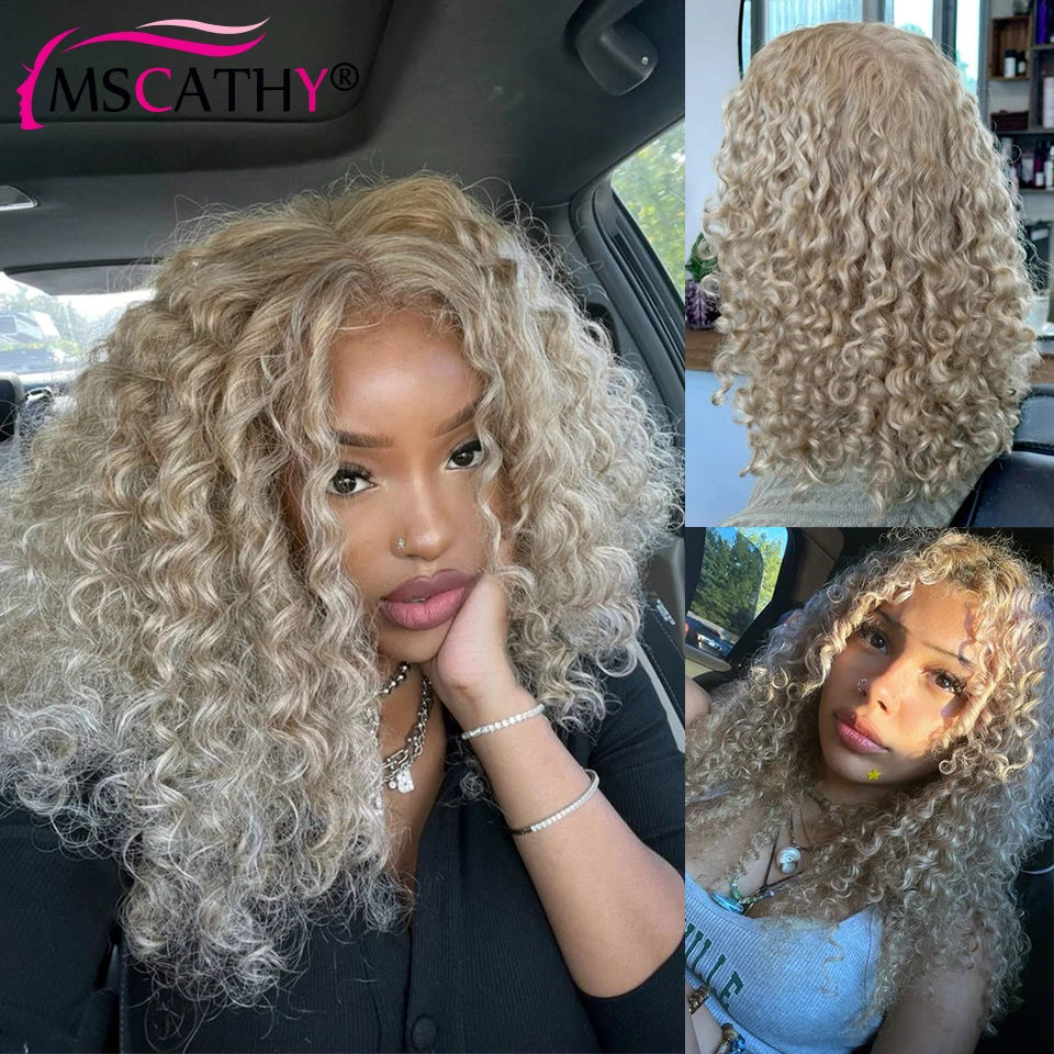 Glueless Ash Blonde Kinky Curly Human Hair Wigs