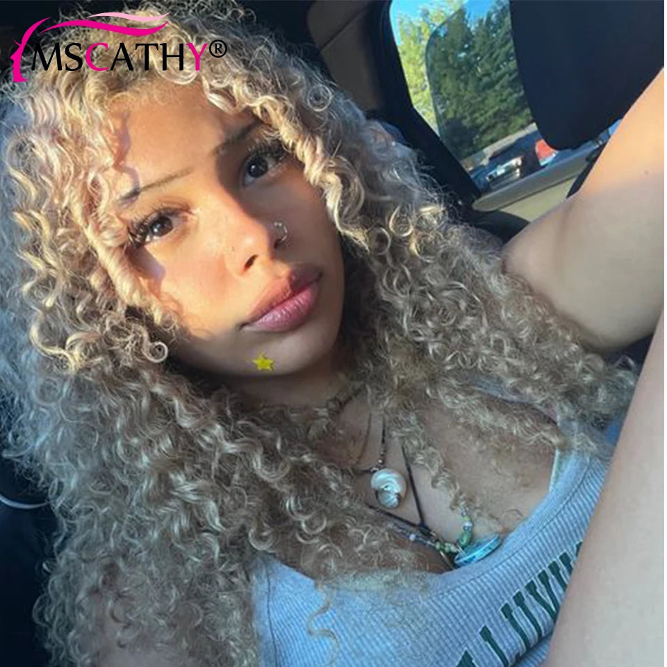 Glueless Ash Blonde Kinky Curly Human Hair Wigs