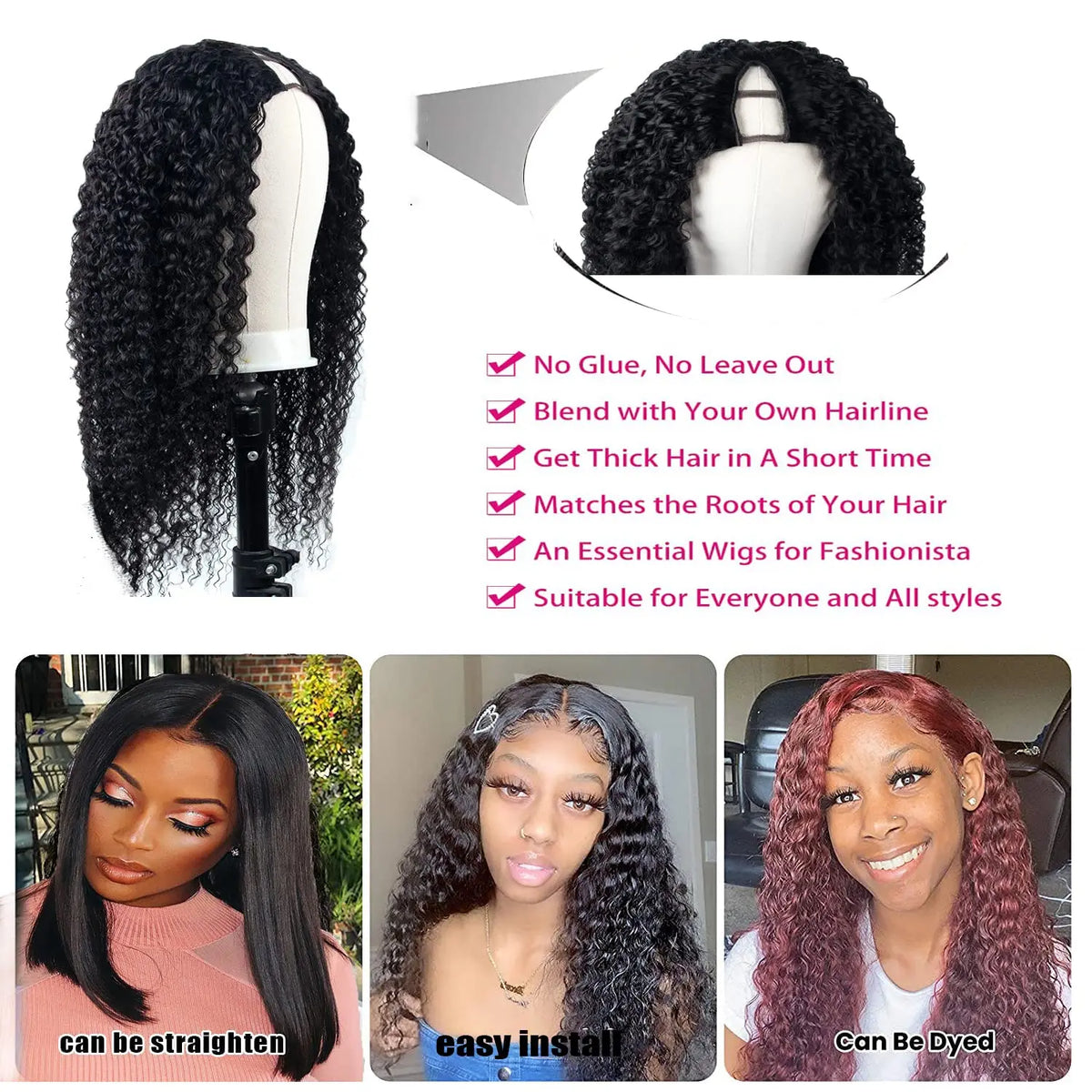 Glueless Brazilian Deep Curly Wave U/V Part Human Hair Wig