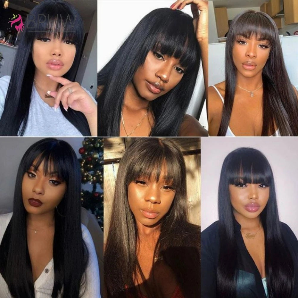 Straight Human Hair Wigs with Bangs