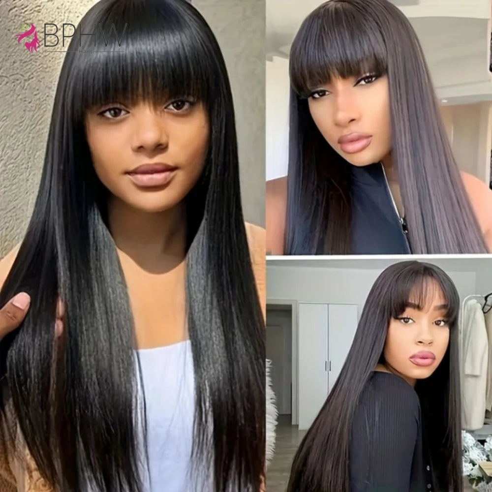 Straight Human Hair Wigs with Bangs