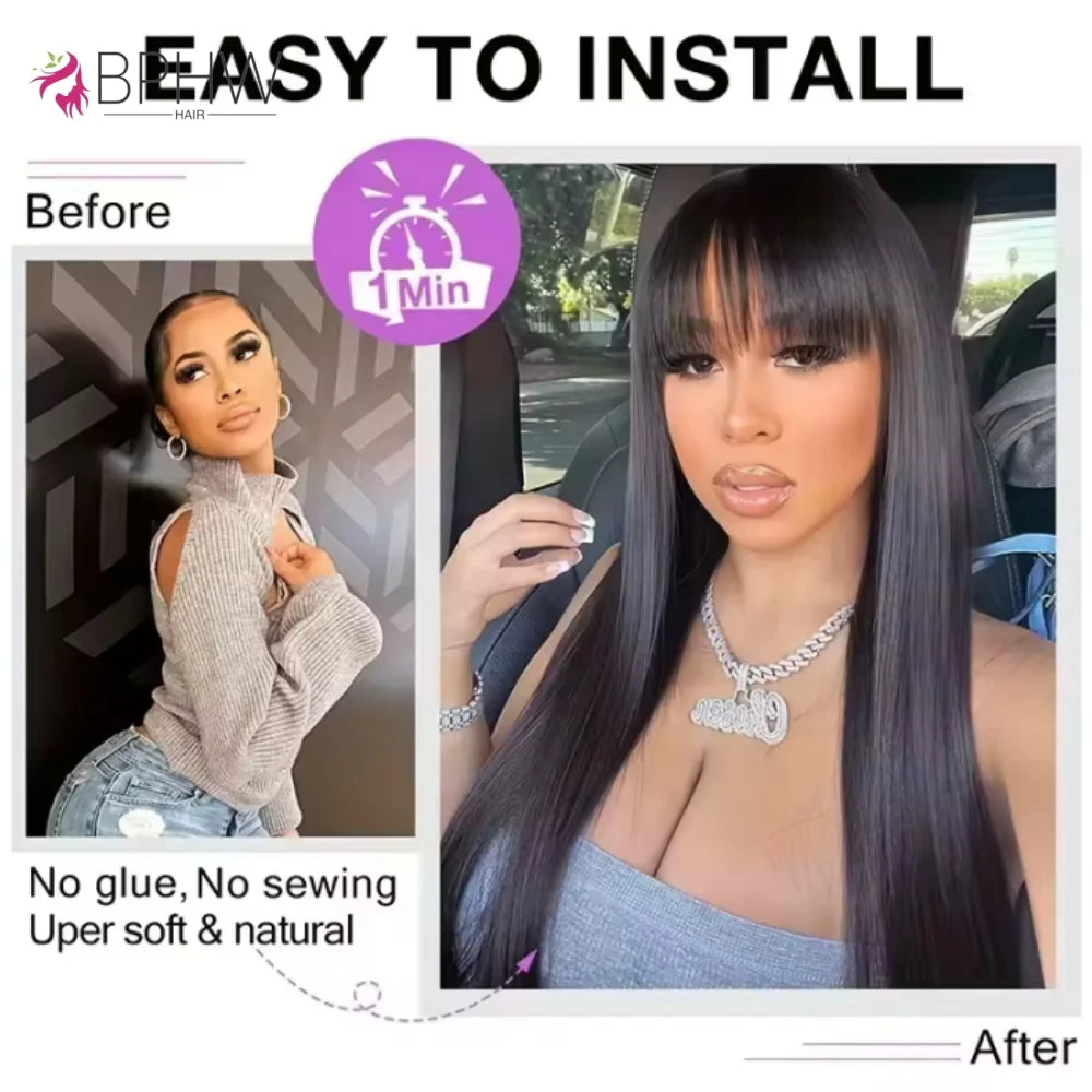 Straight Human Hair Wigs with Bangs