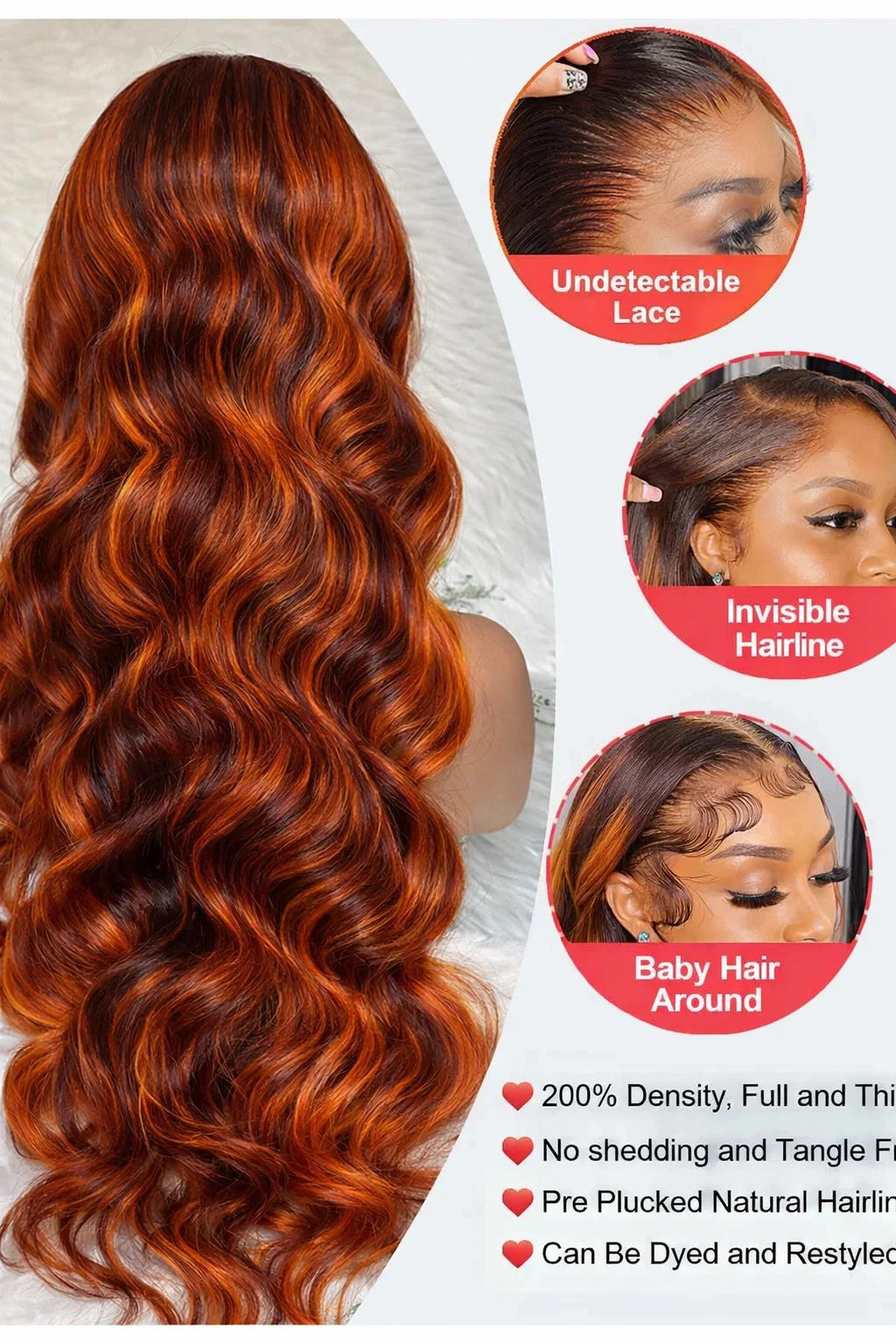 Body Wave Highlighted Lace Front Ginger Orange Wigs 36in.