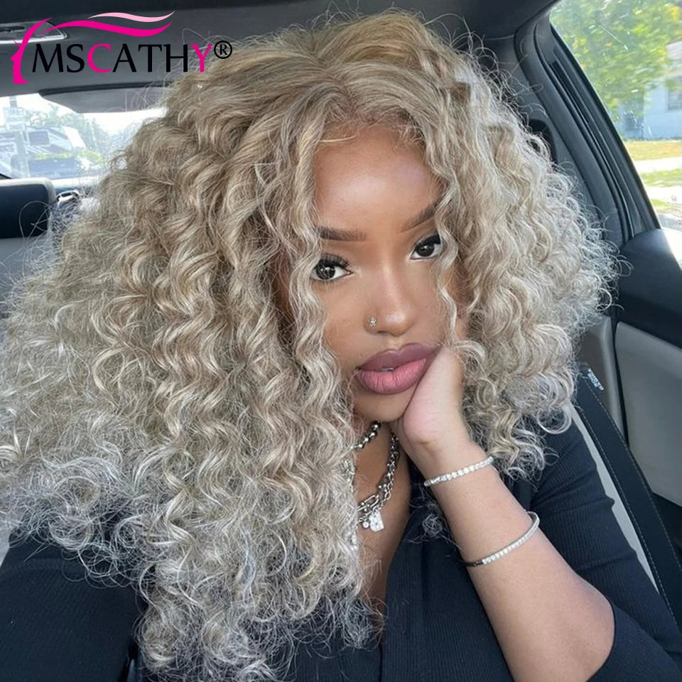 Glueless Ash Blonde Kinky Curly Human Hair Wigs