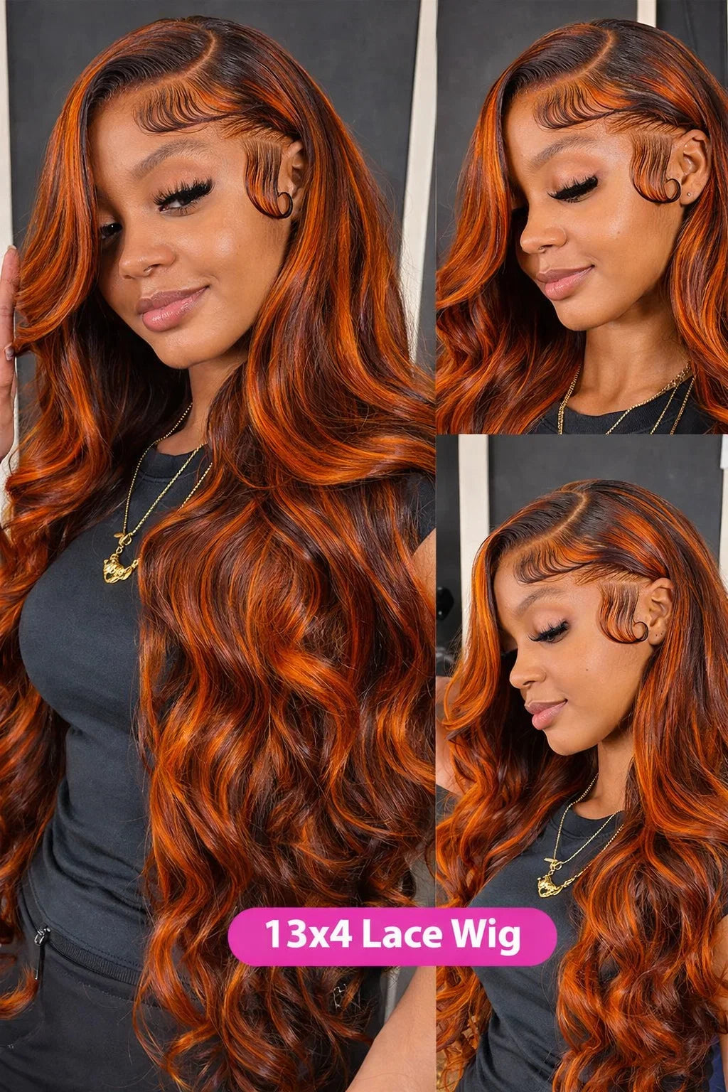 Body Wave Highlighted Lace Front Ginger Orange Wigs 36in.
