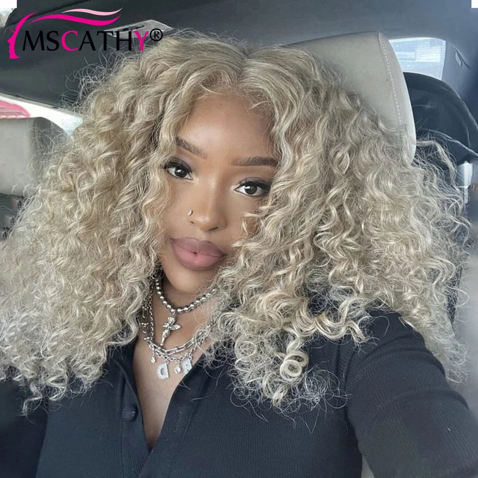 Glueless Ash Blonde Kinky Curly Human Hair Wigs