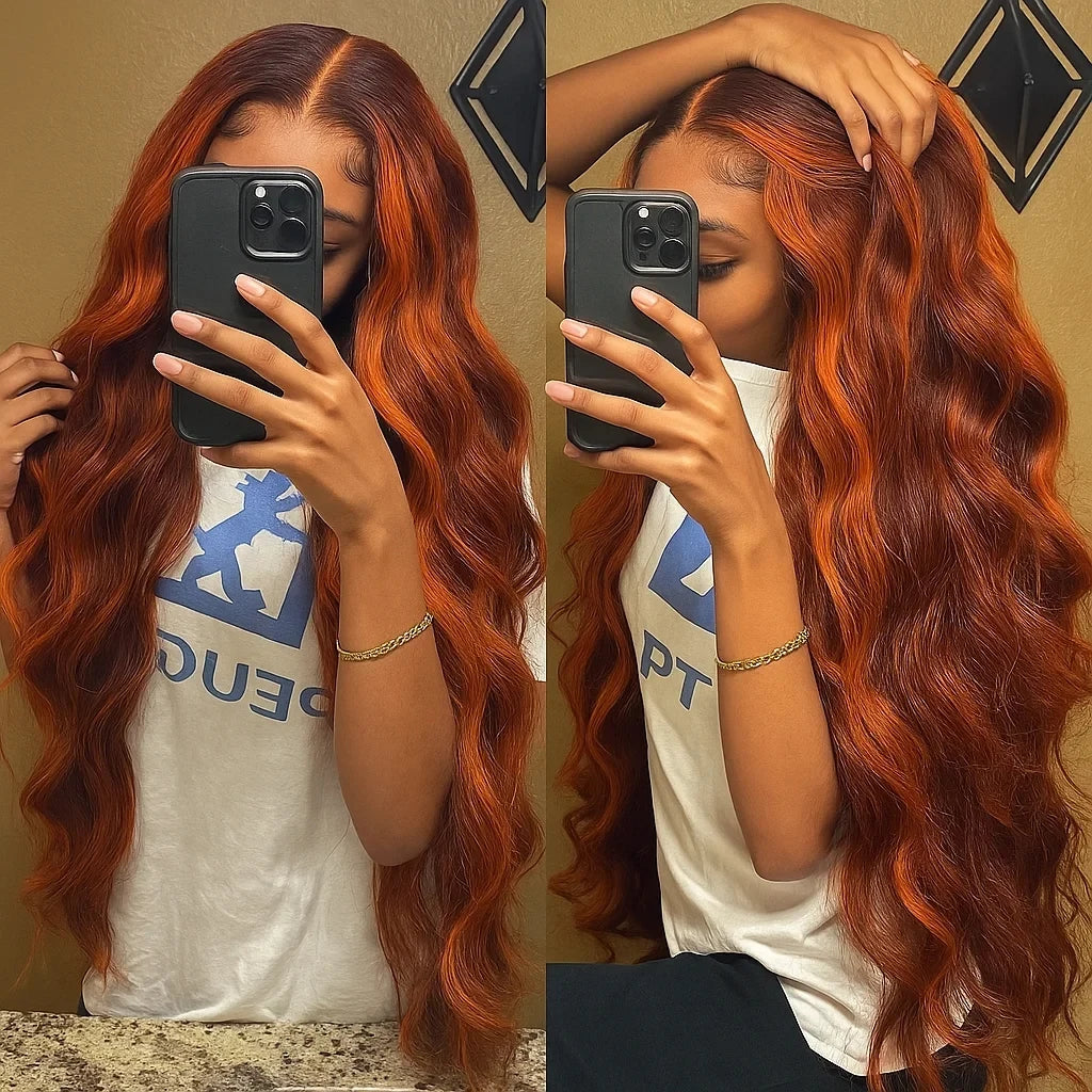 Body Wave Highlighted Lace Front Ginger Orange Wigs 36in.