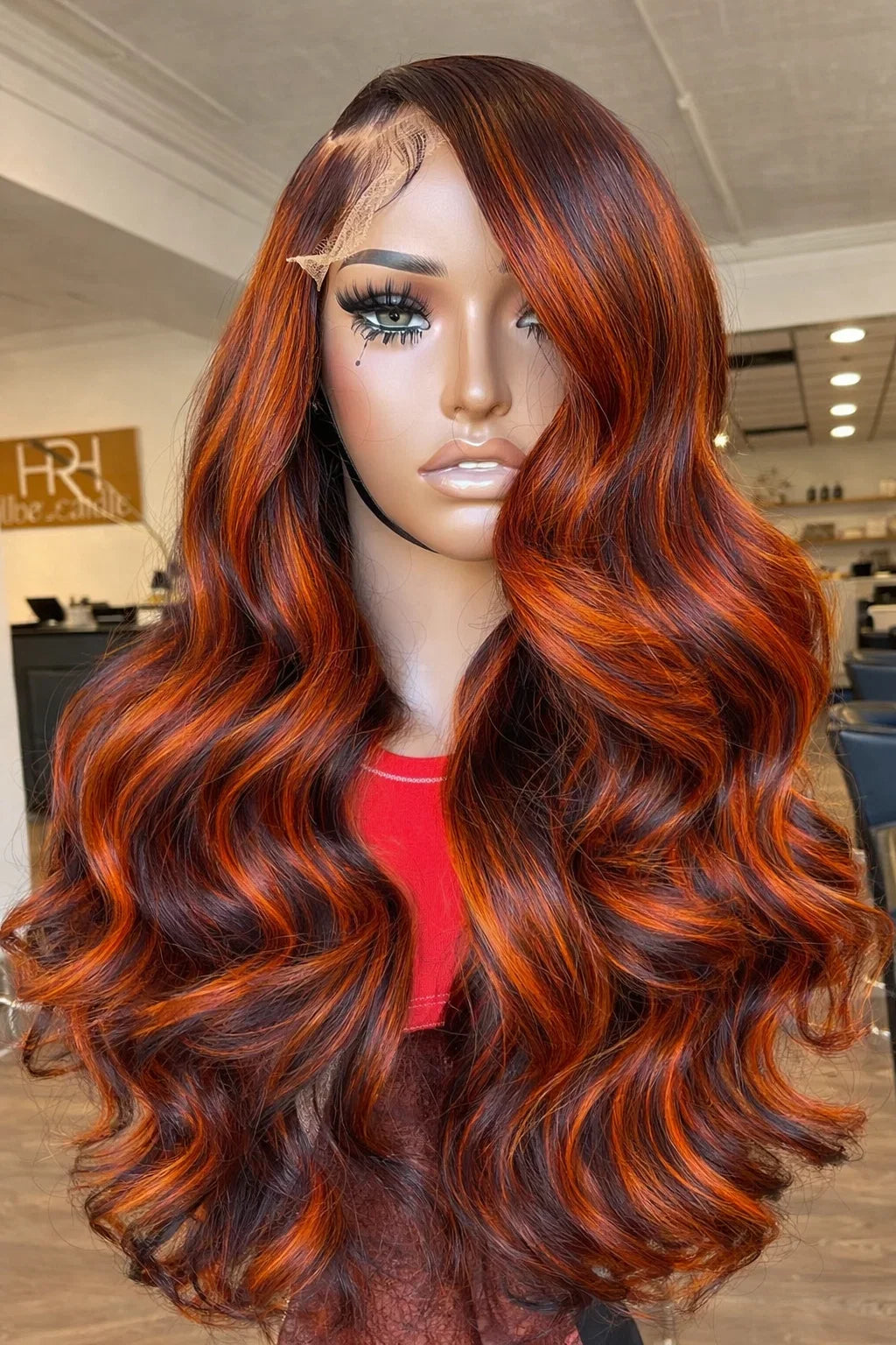 Body Wave Highlighted Lace Front Ginger Orange Wigs 36in.