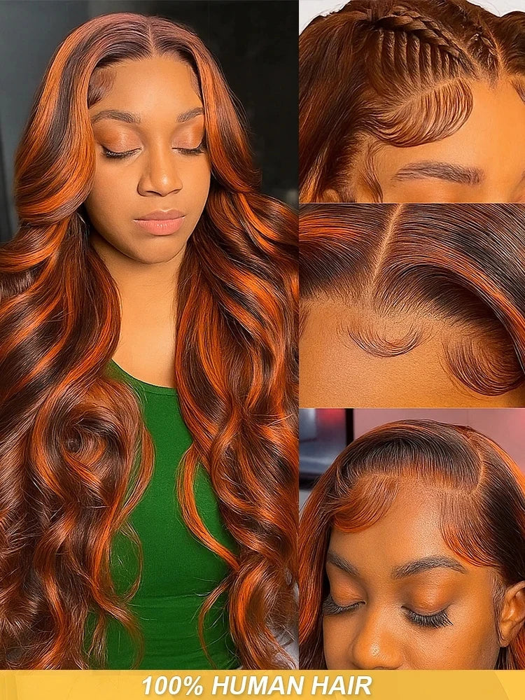 Body Wave Highlighted Lace Front Ginger Orange Wigs 36in.