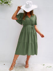 Ruffled A-line V-neck Belt Maxi Dresses