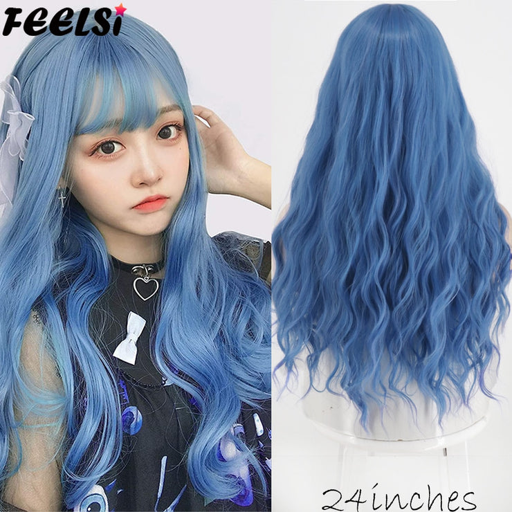 FEELSI Synthetic Pure Long Water Wave Halloween Wig