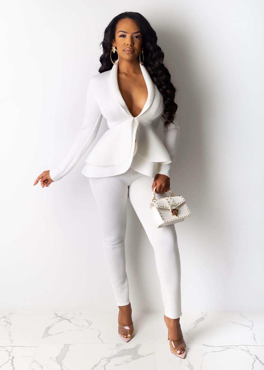 Two Piece Ruffled Blazers Pants Suit