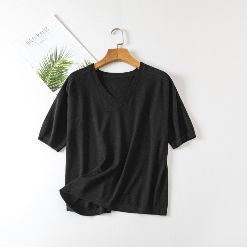 V Neck Half Sleeve Knitted  T Shirt