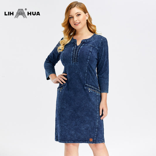 Elasticity Knitted Denim Dresses Slim Fit