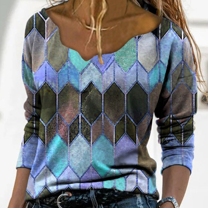 Contrast Color V-Neck Blouse