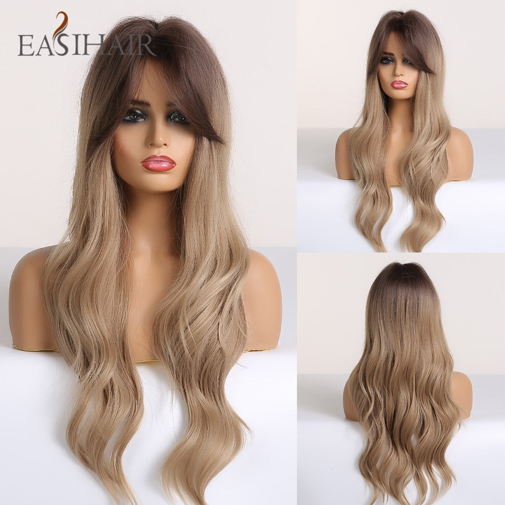 EASIHAIR Long Body Wavy Synthetic Wigs with Bangs Heat Resistant