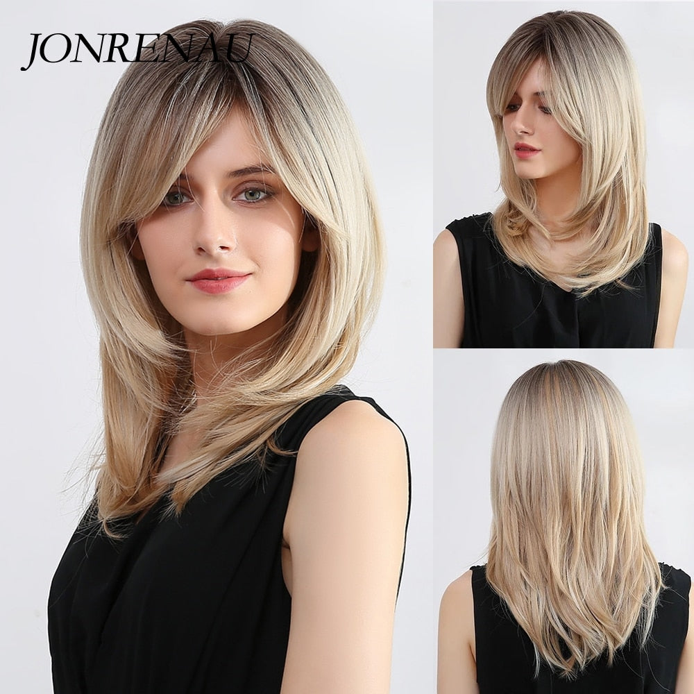 JONRENAU Middle Long Straight Hair with Bangs Heat Resistance