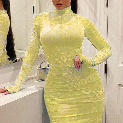 Long Sleeve Pleated Bodycon Dresses