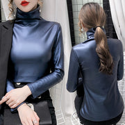 Long Sleeve Turtleneck Soft Leather Blouse