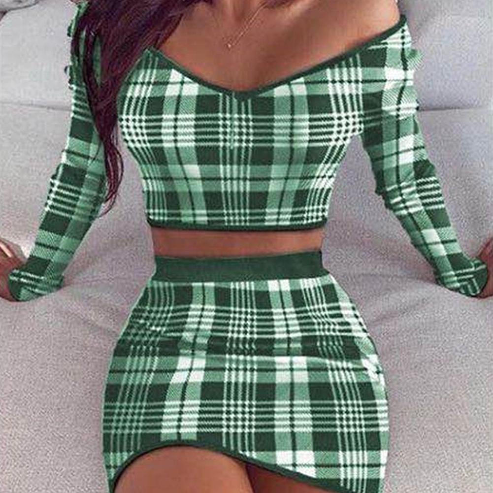 2pc Set Plaid Long Sleeve Off Shoulder Blouse and Skirt