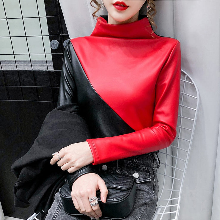 Long Sleeve Turtleneck Soft Leather Blouse