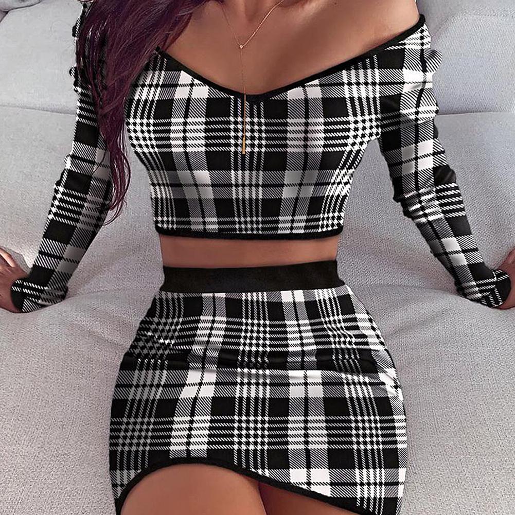 2pc Set Plaid Long Sleeve Off Shoulder Blouse and Skirt