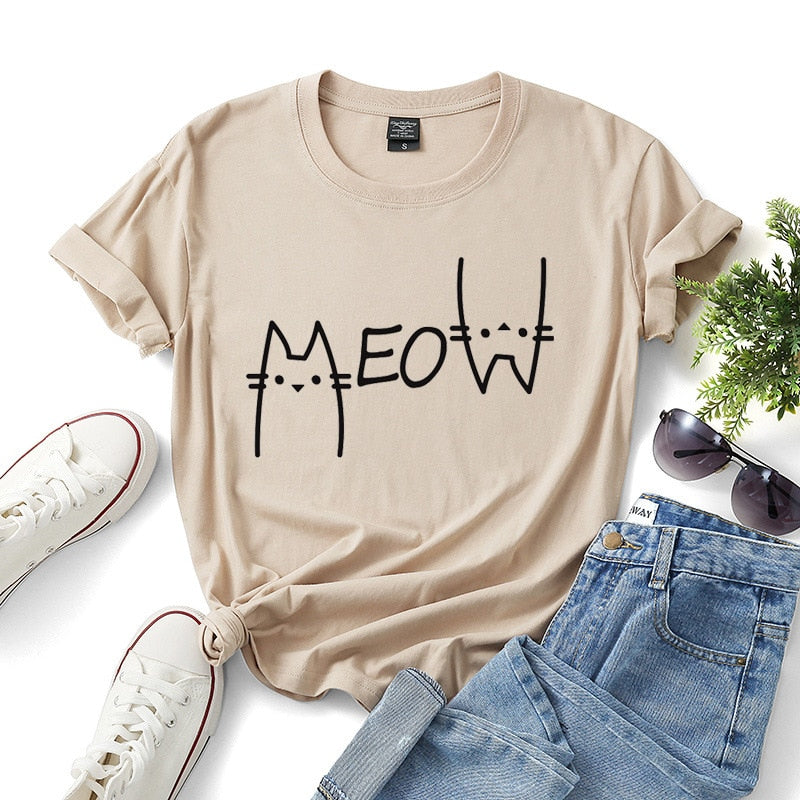 Meow Printed Cotton T-Shirts