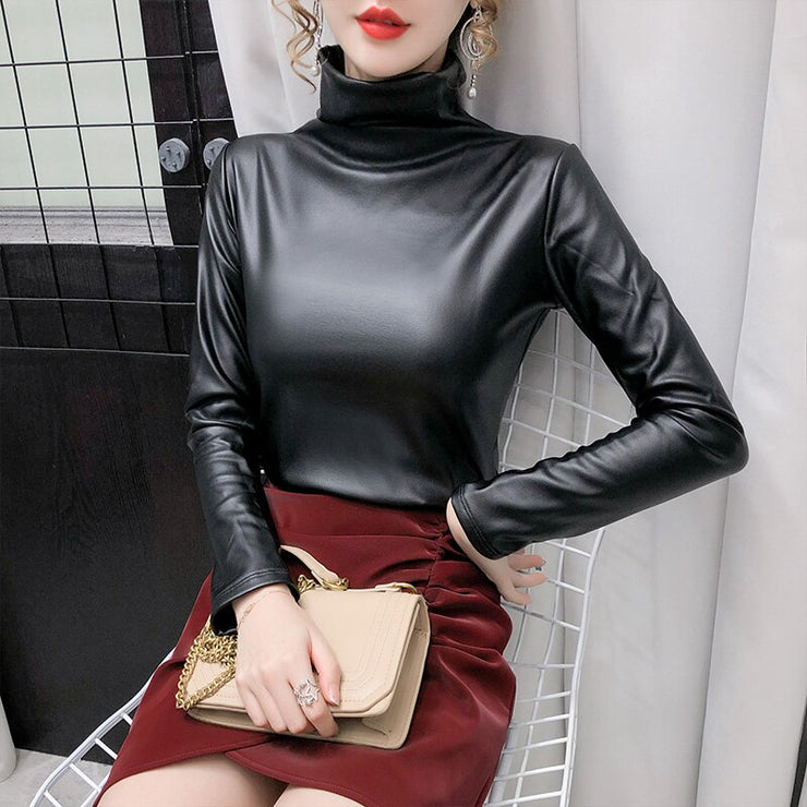 Long Sleeve Turtleneck Soft Leather Blouse