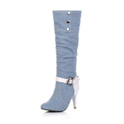 Pointed Toe Denim Knee High Boots