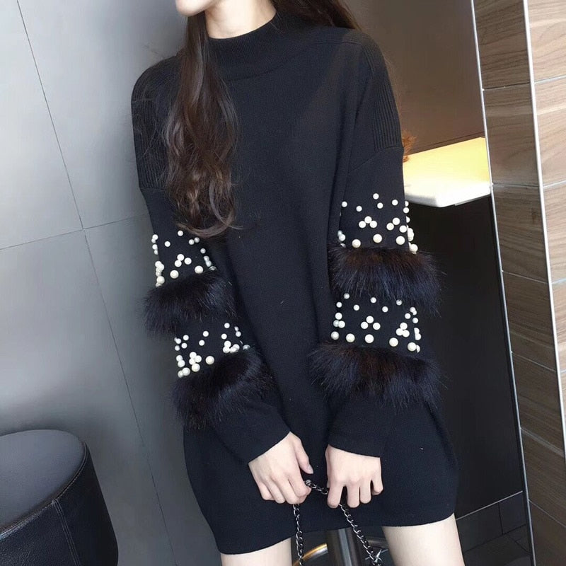 Beaded Fur Sleeve Sweater Dress