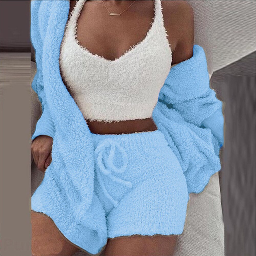 3PCS Pajama Set Fluffy Sleeveless Sweater Sleepwear