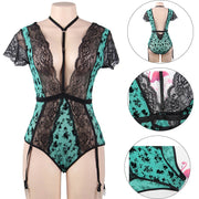 Wet look Lace Teddy Choker Neck Backless Deep V Body Suit