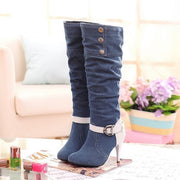 Pointed Toe Denim Knee High Boots