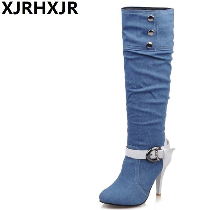 Pointed Toe Denim Knee High Boots