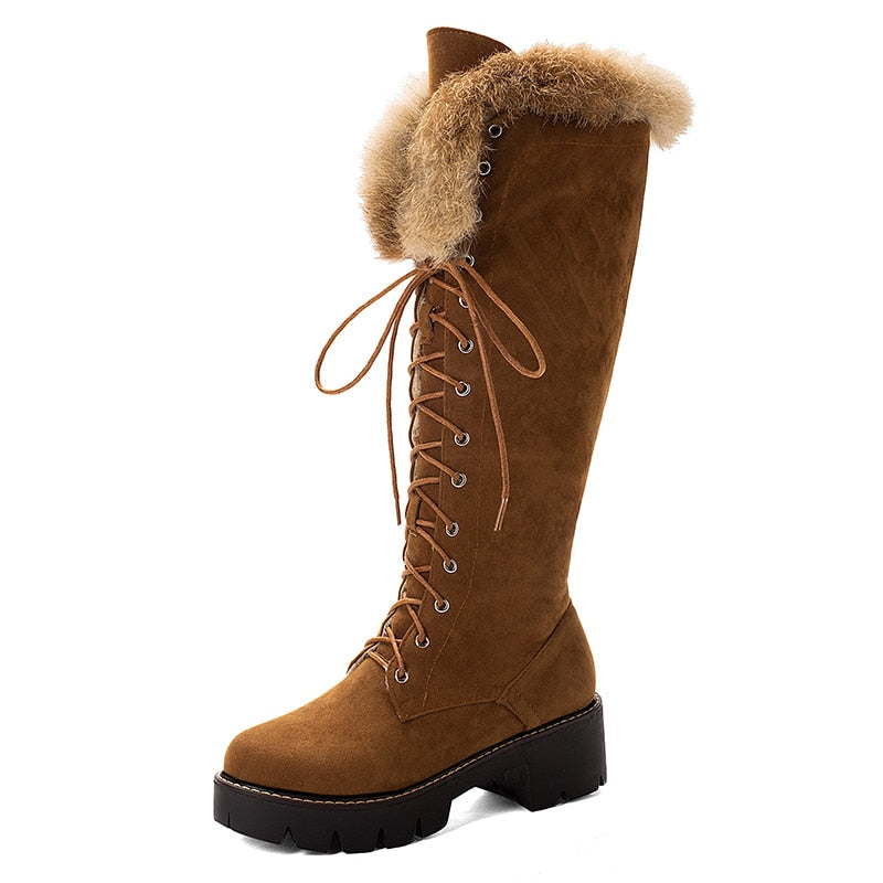 Knee High Suede Lace-up Snow Boots