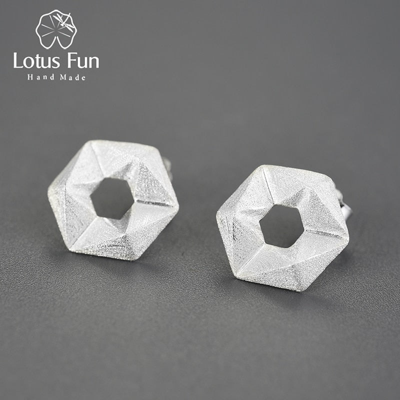 Lotus Fun100% Sterling Silver Handmade Hexagon Stud Earrings