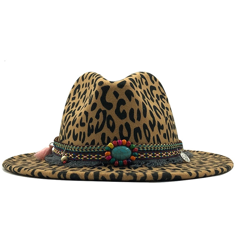 Unisex Flat Brim Leopard Fedora