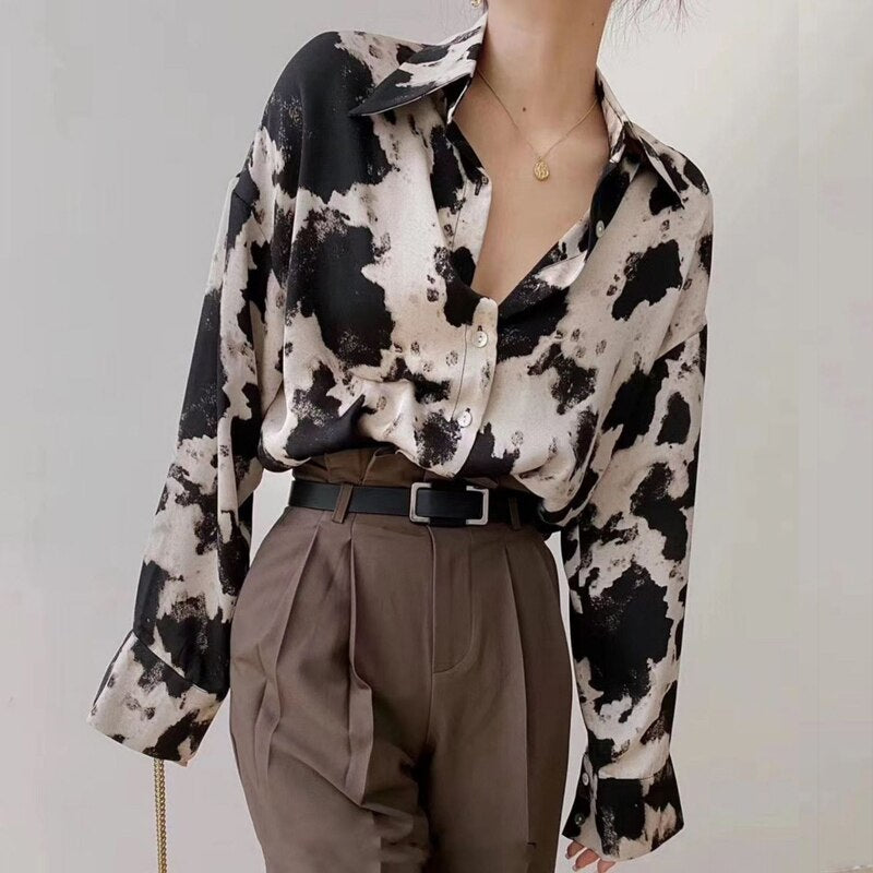 Cow Print Long Sleeve Blouse