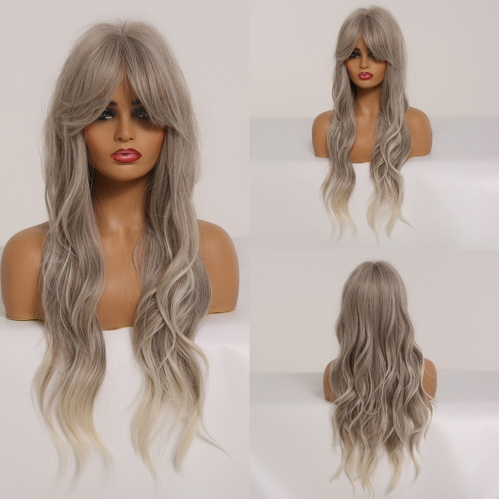 EASIHAIR Long Body Wavy Synthetic Wigs with Bangs Heat Resistant