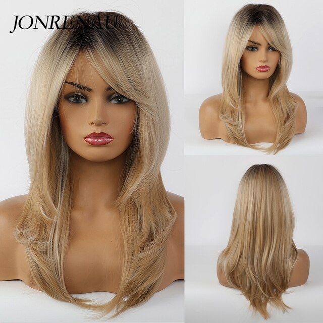 JONRENAU Middle Long Straight Hair with Bangs Heat Resistance