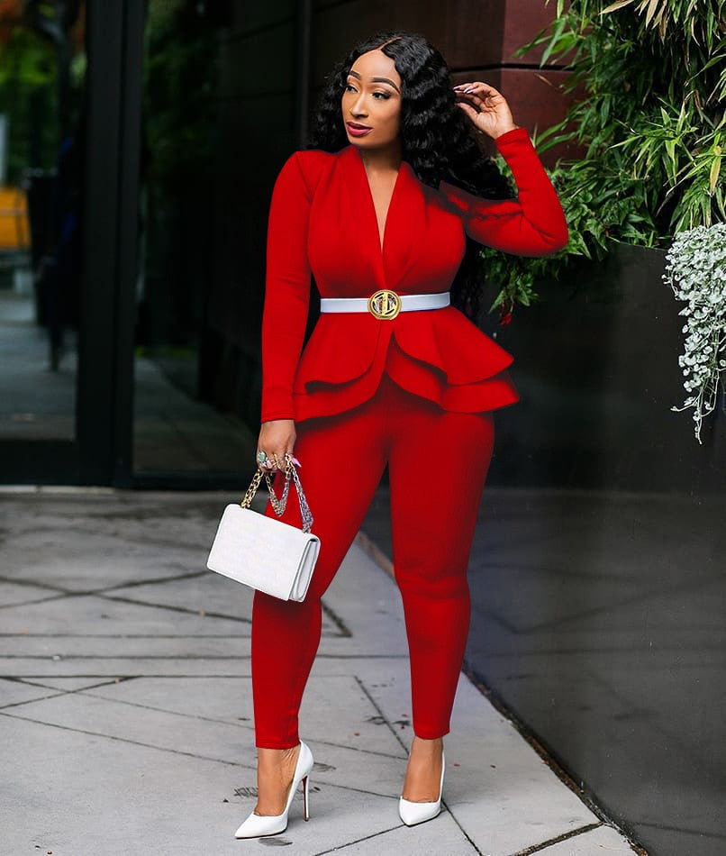 Two Piece Ruffled Blazers Pants Suit