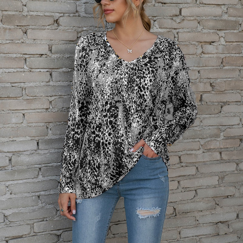 Leopard Printed V-Neck Blouses