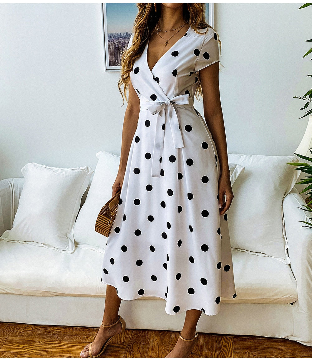 Polka Dot Long Deep V-neck Dresses