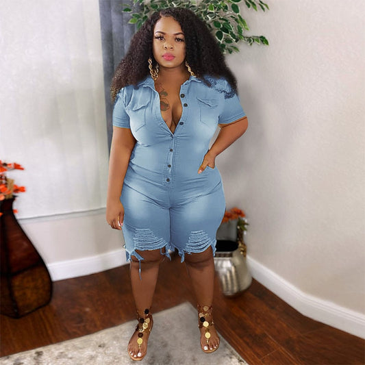 Ripped Denim Shorts Jumpsuit