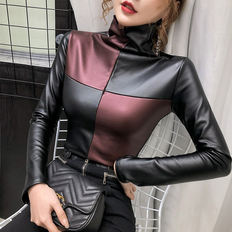 Long Sleeve Turtleneck Soft Leather Blouse