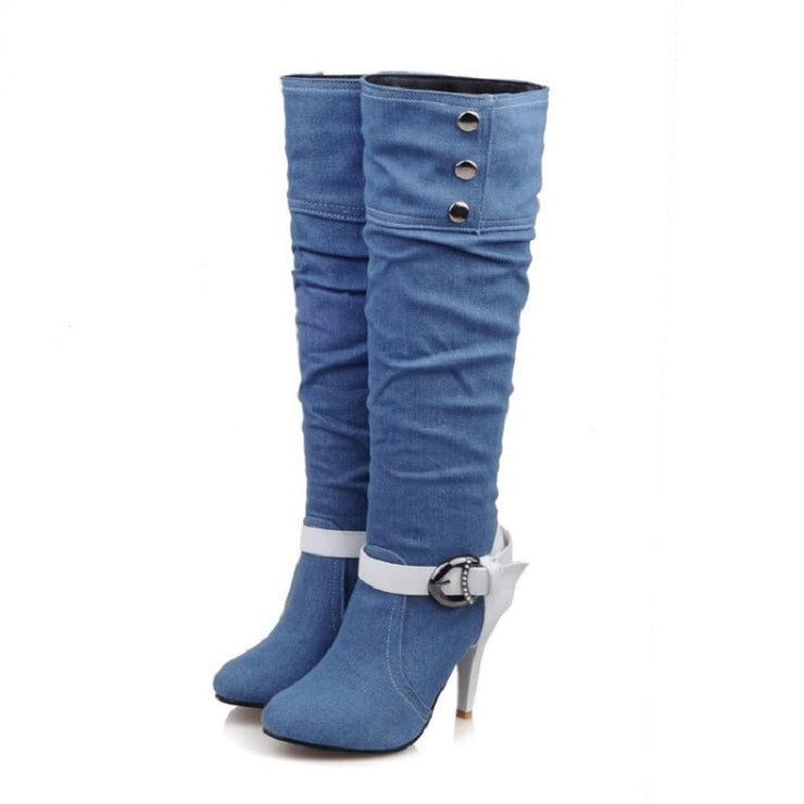 Pointed Toe Denim Knee High Boots