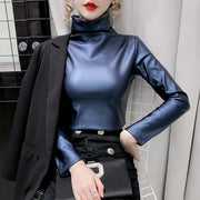 Long Sleeve Turtleneck Soft Leather Blouse