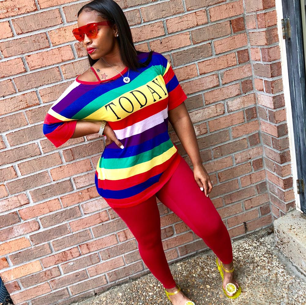 2 Pc Rainbow Striped T-Shirt and Skinny Pencil Tracksuit